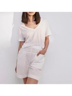 LUNYA Women's Medium Organic Pima Cotton High Rise Wide Leg White Lounge Shorts